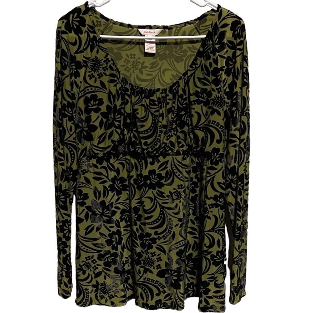 Sundance Catalog- Women Blouson Green w Black Velvet Burnout Top Blouse, Size L